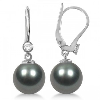 Tahitian Pearl & Diamond Leverback Earrings 14K White Gold 9-10mm