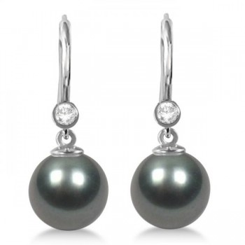 Tahitian Pearl & Diamond Leverback Earrings 14K White Gold 9-10mm