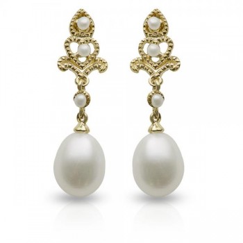 Antique Style Freshwater Pearl Dangle Earrings 14k Yellow Gold 7-7.5mm