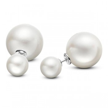 Freshwater White Round Pearl Double Pearl Studs 14k White Gold (8-11mm)