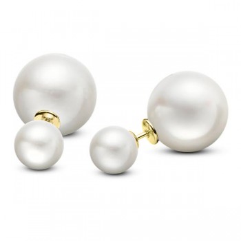 Freshwater White Round Pearl Double Pearl Studs 14k Yellow Gold (8-11mm)