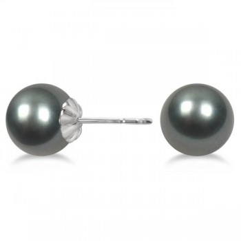 Cultured Black Tahitian Pearl Stud Earrings 14K White Gold 8-9mm