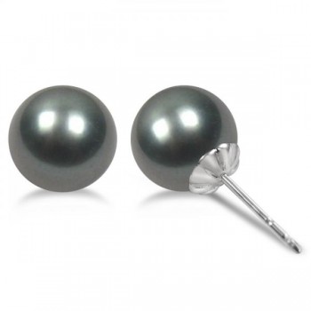 Cultured Black Tahitian Pearl Stud Earrings 14K White Gold 8-9mm