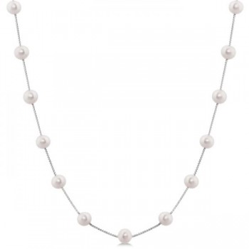 Cultured Freshwater Pearl Station Necklace 14K White Gold 5.5-6mm