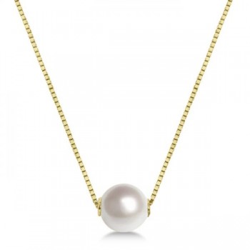Solitaire Floating Akoya Pearl Pendant Necklace 14K Yellow Gold 7.5mm