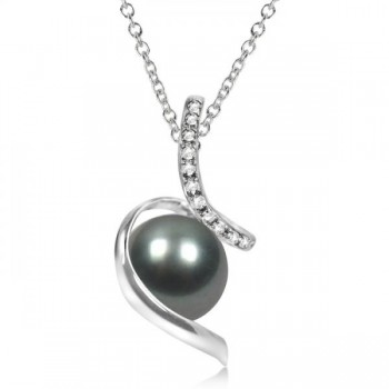 Diamond Twist Tahitian Cultured Pearl Pendant 14K White Gold 11-12mm