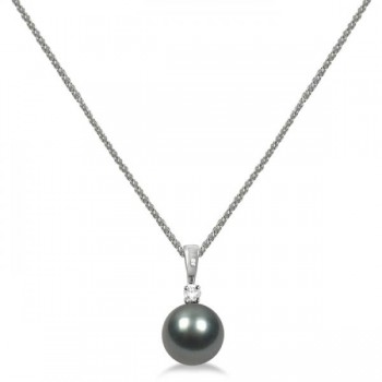 Diamond & Tahitian Black Pearl Solitaire Pendant  14K White Gold 8-9mm