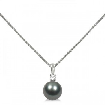 Diamond & Tahitian Black Pearl Solitaire Pendant 14K White Gold 9-10mm