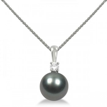 Diamond & Tahitian Black Pearl Solitaire Pendant 14K White Gold 10-11mm