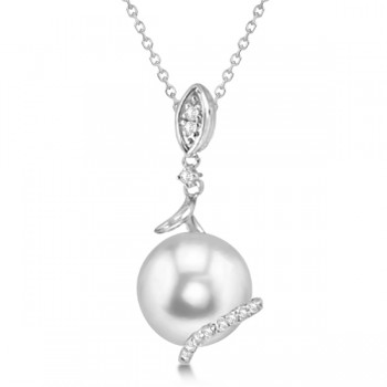 Freshwater Pearl & Diamond Pendant Necklace 14k White Gold 10-11mm