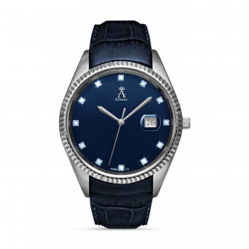 Allurez Men's Diamond Blue Sapphire Crystal Stainless Steel Leather Strap Watch