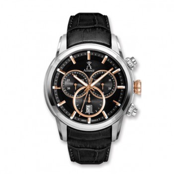 Allurez Men's Swiss Chronograph Black Dial Luminous Leather Watch