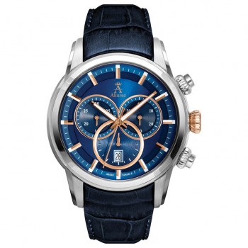 Allurez Men's Swiss Chronograph Blue Dial Luminous Leather Watch