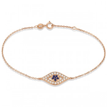 Blue Sapphire Evil Eye Diamond Ankle Bracelet in 14k Rose Gold (0.42ct)