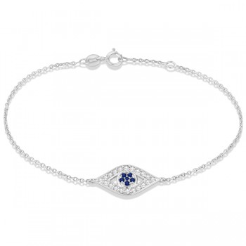 Blue Sapphire Evil Eye Diamond Ankle Bracelet in 14k White Gold (0.42ct)