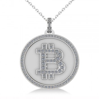 Small Diamond Bitcoin Pendant Necklace 14k White Gold (0.70ct)