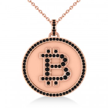 Small Black Diamond Bitcoin Pendant Necklace 14k Rose Gold (0.70ct)