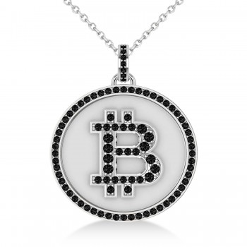 Small Black Diamond Bitcoin Pendant Necklace 14k White Gold (0.70ct)