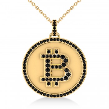 Small Black Diamond Bitcoin Pendant Necklace 14k Yellow Gold (0.70ct)