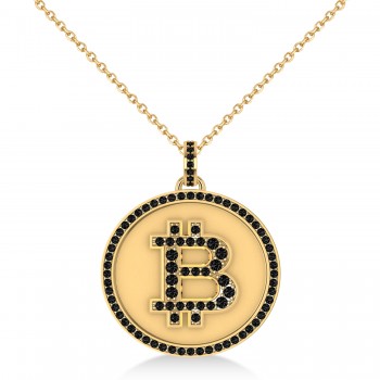Small Black Diamond Bitcoin Pendant Necklace 14k Yellow Gold (0.70ct)