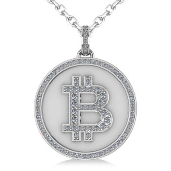 Large Diamond Bitcoin Pendant Necklace 14k White Gold (1.21ct)