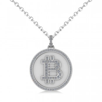 Large Diamond Bitcoin Pendant Necklace 14k White Gold (1.21ct)