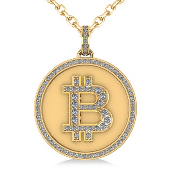 Large Diamond Bitcoin Pendant Necklace 14k Yellow Gold (1.21ct)