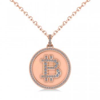 Large Diamond Bitcoin Pendant Necklace 18k Rose Gold (1.21ct)