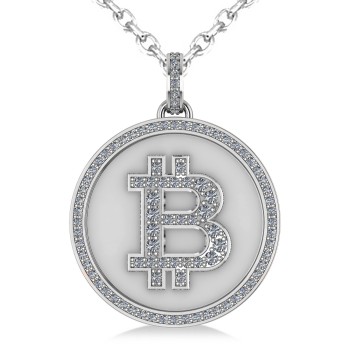 Large Diamond Bitcoin Pendant Necklace 18k White Gold (1.21ct)