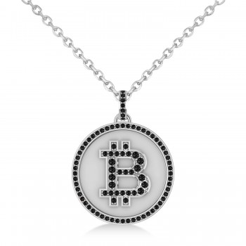 Large Black Diamond Bitcoin Pendant Necklace 14k White Gold (1.21ct)