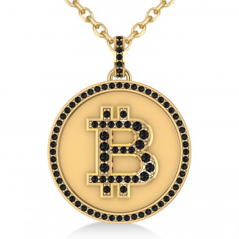 Large Black Diamond Bitcoin Pendant Necklace 14k Yellow Gold (1.21ct)