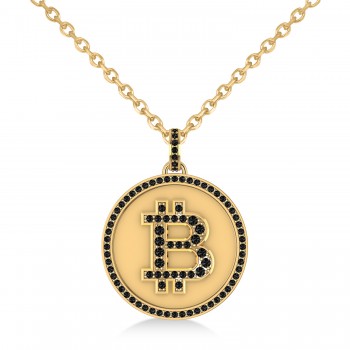 Large Black Diamond Bitcoin Pendant Necklace 14k Yellow Gold (1.21ct)