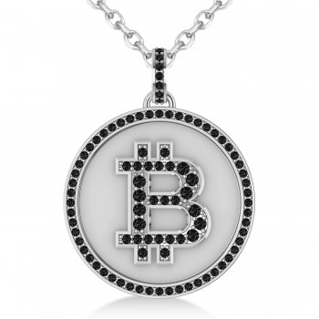 Large Black Diamond Bitcoin Pendant Necklace 18k White Gold (1.21ct)