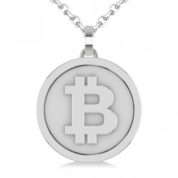 Large Cryptocurrency Bitcoin Pendant Necklace 14k White Gold