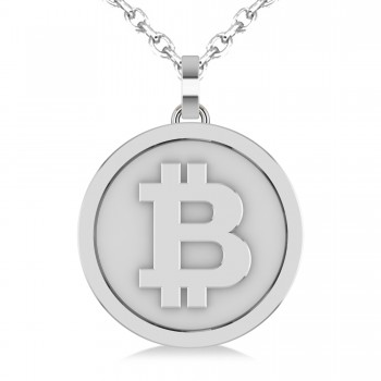 Large Cryptocurrency Bitcoin Pendant Necklace 18k White Gold