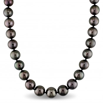 Round Black Tahitian Pearl Strand Necklace 14k White Gold (11-13mm)