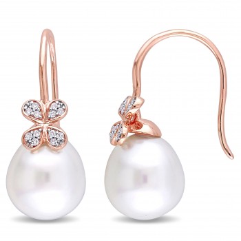 Diamond & White South Sea Pearl Earrings 14k Rose Gold (11.5-12mm)