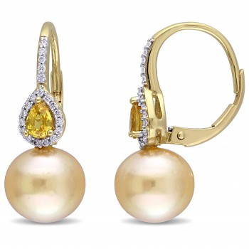 Diamond Yellow Sapphire & South Sea Pearl Earrings 14k Y Gold 9-9.5mm