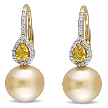 Diamond Yellow Sapphire & South Sea Pearl Earrings 14k Y Gold 9-9.5mm