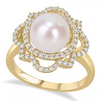 Round Freshwater Cultured White Pearl and Diamond Ring 14k Yellow Gold (0.375 ct)