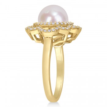 Round Freshwater Cultured White Pearl and Diamond Ring 14k Yellow Gold (0.375 ct)