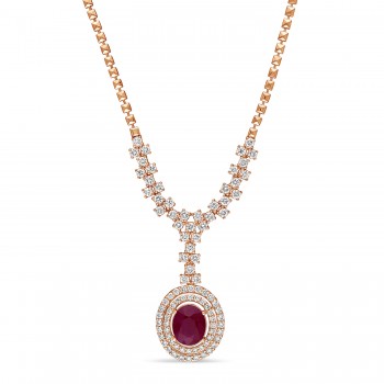 Oval Ruby & Round Diamond Pendant Necklace 14k Rose Gold (6.50 ct )