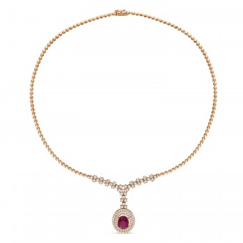 Oval Ruby & Round Diamond Pendant Necklace 14k Rose Gold (6.50 ct )