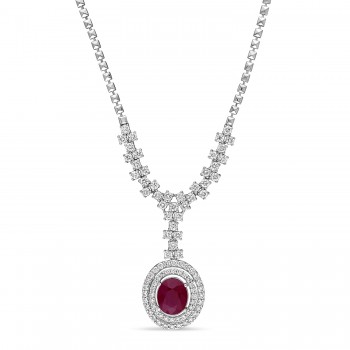 Oval Ruby & Round Diamond Pendant Necklace 14k White Gold (6.50 ct )