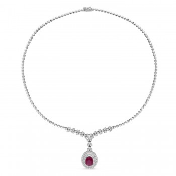 Oval Ruby & Round Diamond Pendant Necklace 14k White Gold (6.50 ct )