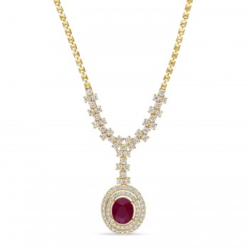 Oval Ruby & Round Diamond Pendant Necklace 14k Yellow Gold (6.50 ct )