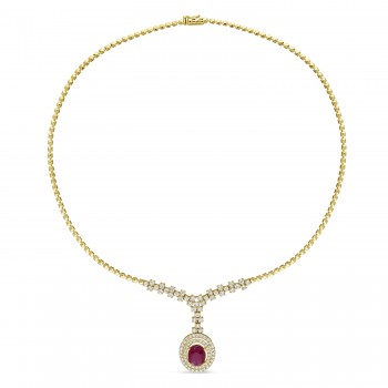 Oval Ruby & Round Diamond Pendant Necklace 14k Yellow Gold (6.50 ct )