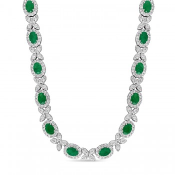 Oval Emerald & Diamond Necklace 18k White Gold (10.30 ct)