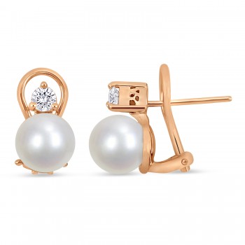 Round Akoya Cultured White Pearl and Diamond Clip Back Earrings 14k Rose Gold (0.30 ct)
