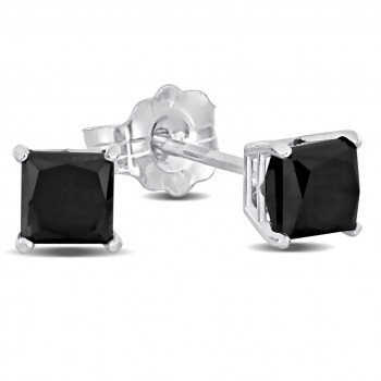 Princess Cut Black Diamond Stud Earrings 14k White Gold (0.75ct)